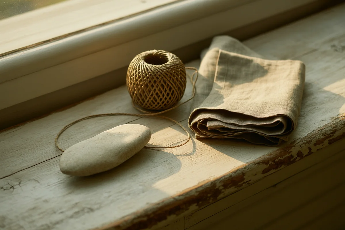 A long smooth river stone beside a coil of natural twine and sage linen on a weathered oak bench in golden-hour light