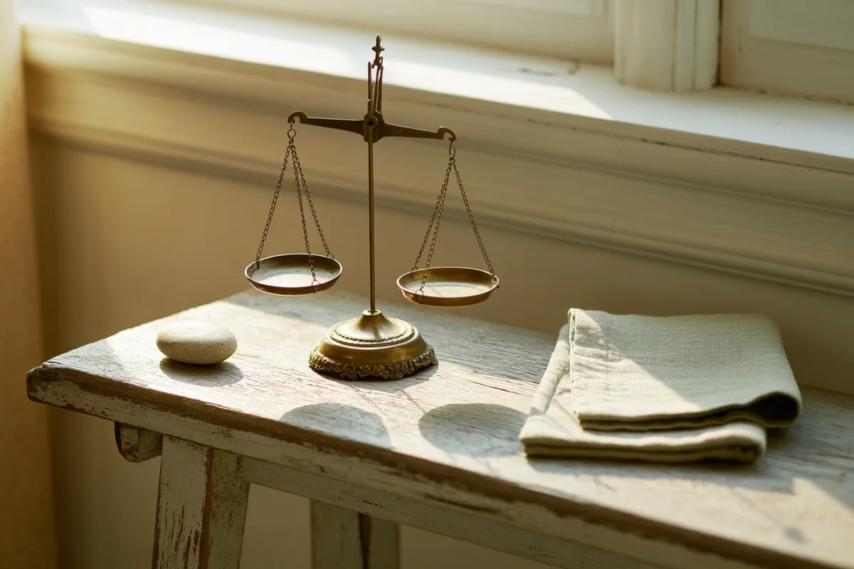 An antique brass balance scale in equilibrium on a weathered oak bench beside sage linen in golden-hour light