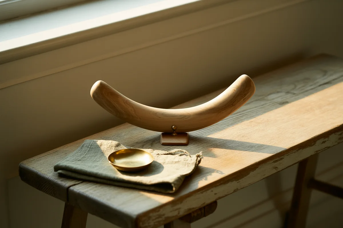 A smooth curved arc of polished pale wood on a small stand beside sage linen and a brass dish on a weathered oak bench in golden-hour light