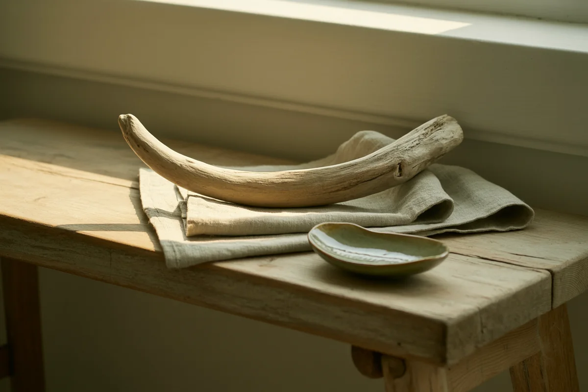 A smooth curved piece of driftwood resting against sage linen on a weathered oak bench in golden-hour light
