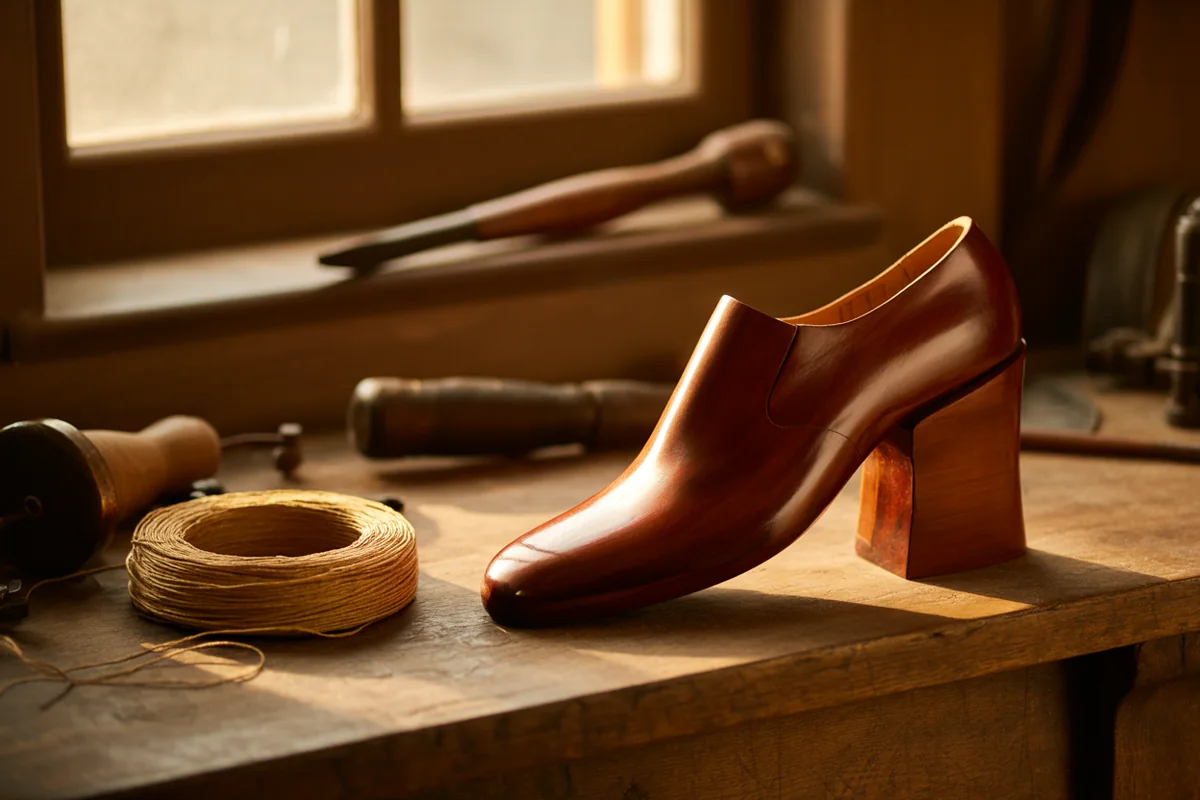 A polished hardwood shoemaker's foot last on a cobbler's bench beside coiled waxed thread in warm workshop light