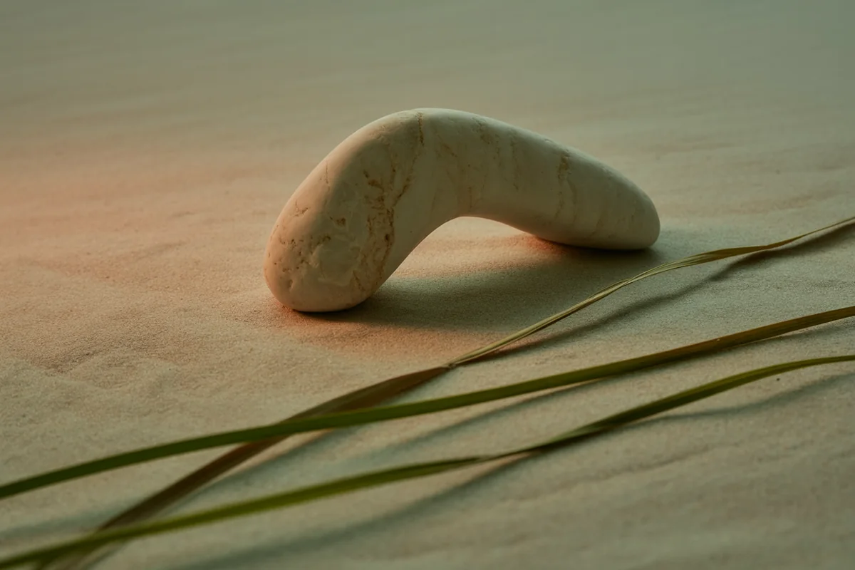 A curved arch-shaped river stone resting on pale sand with slender grass stems laid in parallel beneath it