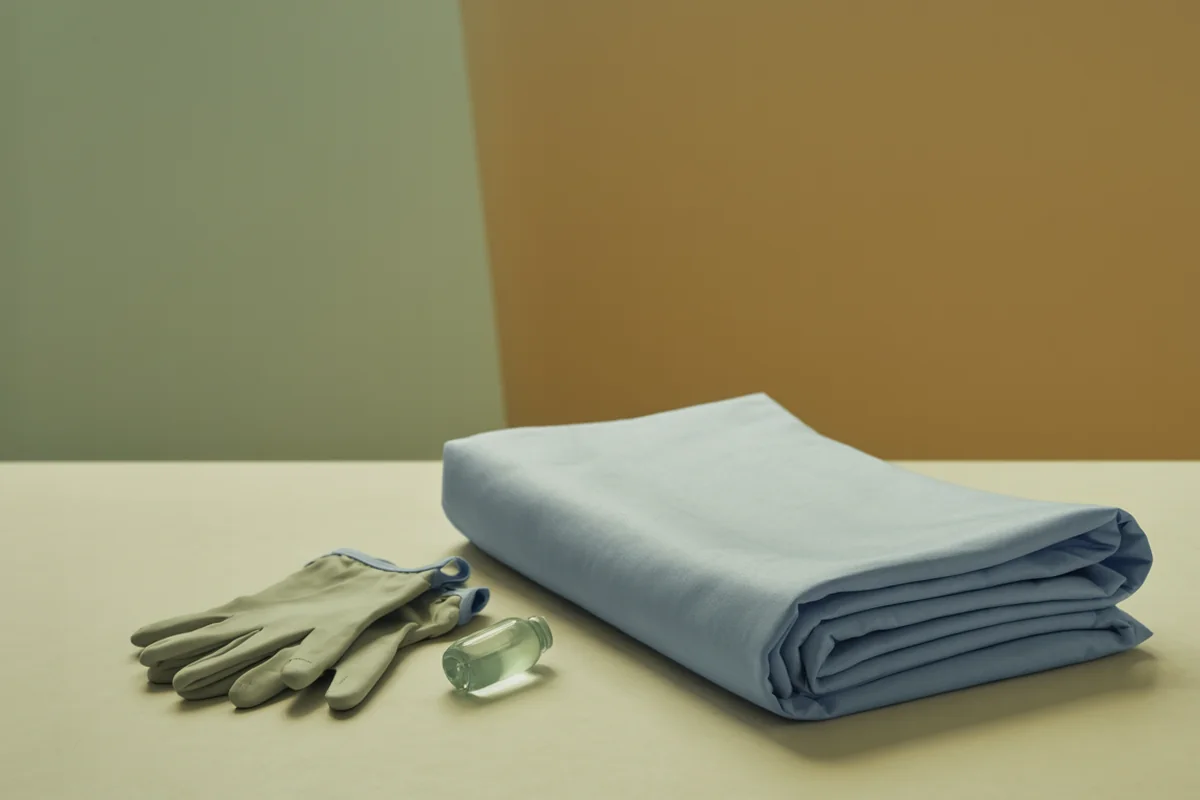A folded pale blue sterile drape beside folded surgical gloves and a small clear bottle in clean bright light