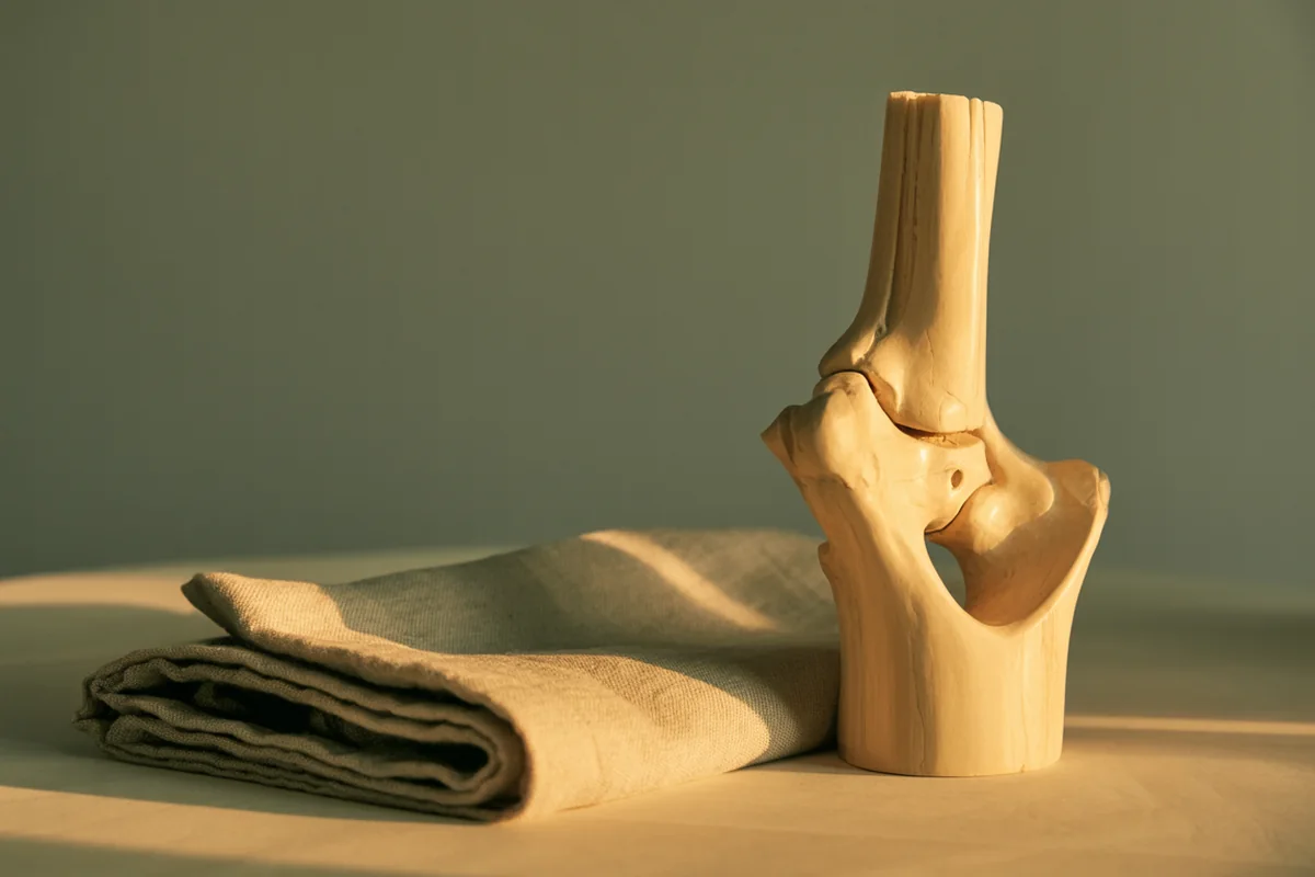 A carved pale wood anatomical model of a hip and upper femur standing upright in golden-hour light