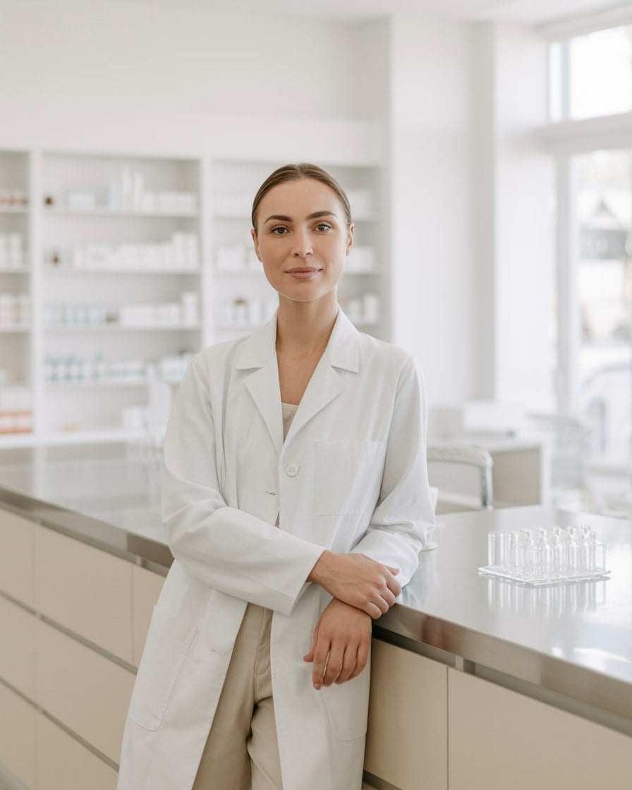 A pharmacist in a white lab coat standing at the counter of a bright, modern pharmacy