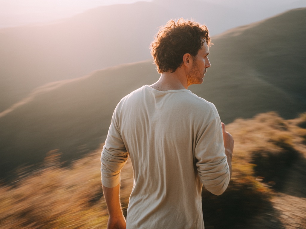 A man walking a ridgeline trail at dusk