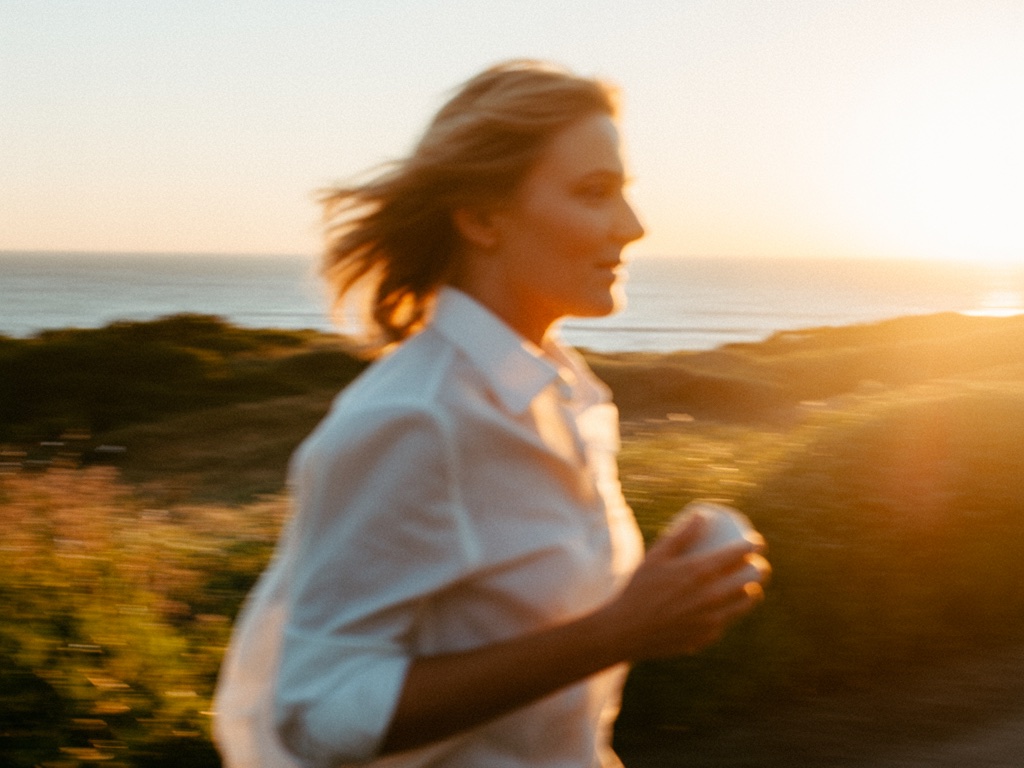A woman running on a coastal path at sunset