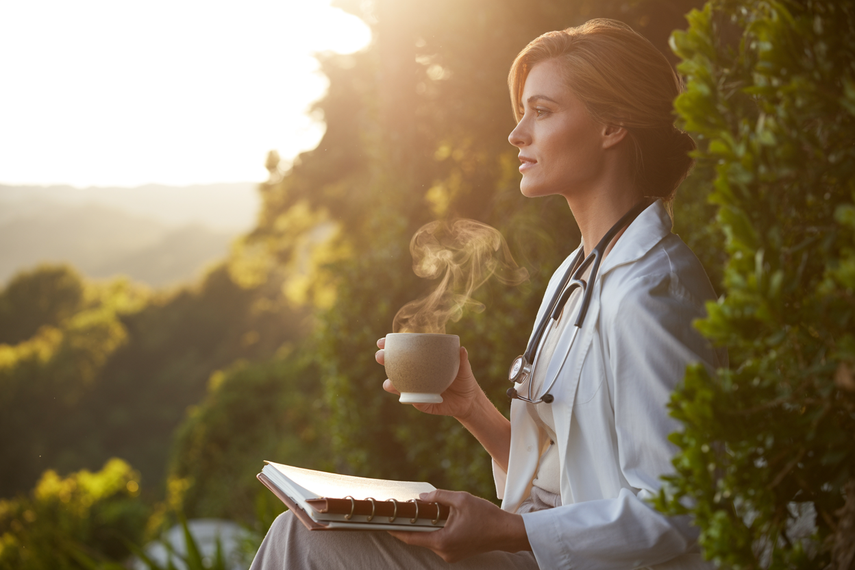 Physician reflecting outdoors in golden-hour light